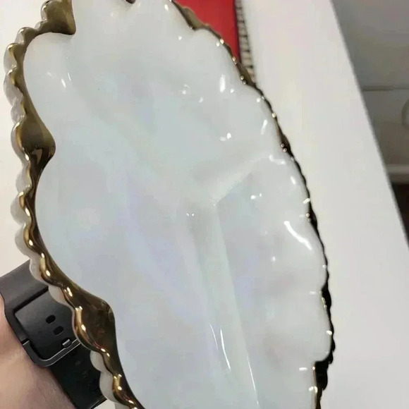 Vintage Anchor Hocking Milk Glass Gold Trim Pressed Glass Divided Serving Plate - Picture 7 of 9